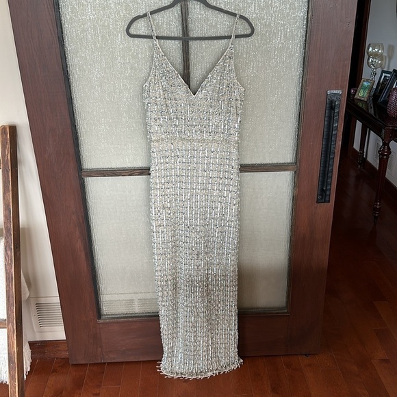 MAC DUGGAL 5394 BEAD EMBELLISHED COLUMN NUDE/SILVER GOWN sz 10 - Picture 9 of 16